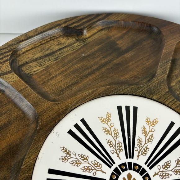 Lazy Susan Walnut Wood Gold Wheat Tile 14” Tabletop Turntable MCM Serving Tray - Picture 9 of 16